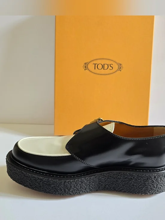 TOD'S Leather Loafer Shoes Size 39.5 Black White - Picture 4 of 10